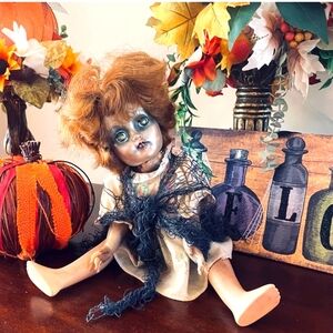 Vintage Composition Halloween Doll Fabric Body Painted Face Eyelashes Antique